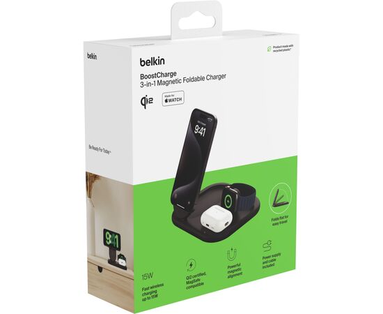 Зарядное устройство Belkin 3in1 Magnetic Foldable iPhone/Watch/AirPods Qi2 15W black (WIZ029VFBK), изображение 10 Зарядное устройство Belkin 3in1 Magnetic Foldable iPhone/Watch/AirPods Qi2 15W black (WIZ029VFBK), изображение 10
