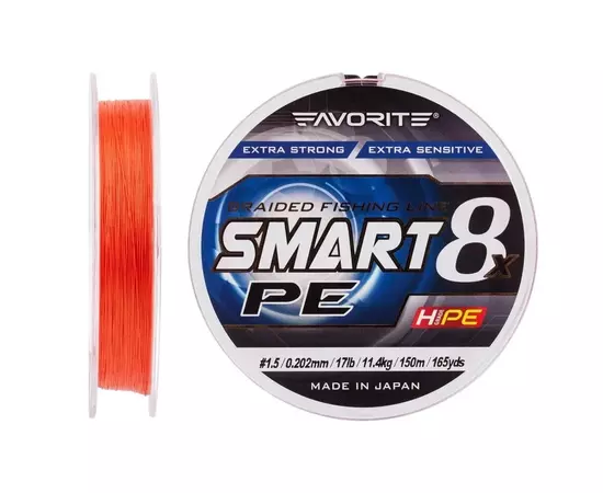 Шнур Favorite Smart PE 8x 150м 1.5/0.202mm 17lb/11.4kg Red Orange (1693.10.84), изображение 2 Шнур Favorite Smart PE 8x 150м 1.5/0.202mm 17lb/11.4kg Red Orange (1693.10.84), изображение 2
