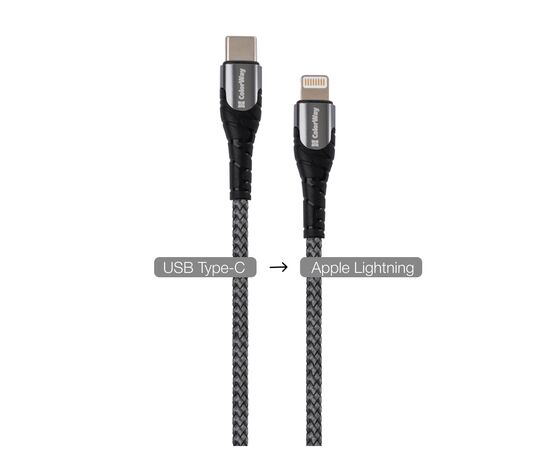 Дата кабель USB-C to Lightning 1.0m ColorWay (CW-CBPDCL033-GR), изображение 2 Дата кабель USB-C to Lightning 1.0m ColorWay (CW-CBPDCL033-GR), изображение 2
