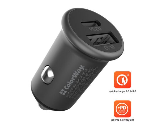 Зарядное устройство ColorWay 2USB Car (Type-C PD20W + USB QC3.0 ) (38W) Gray (CW-CHA029PD-GR), изображение 8 Зарядное устройство ColorWay 2USB Car (Type-C PD20W + USB QC3.0 ) (38W) Gray (CW-CHA029PD-GR), изображение 8