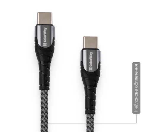 Дата кабель USB-C to USB-C 2.0m PD Fast Charging 65W 3A grey ColorWay (CW-CBPDCC039-GR), изображение 9 Дата кабель USB-C to USB-C 2.0m PD Fast Charging 65W 3A grey ColorWay (CW-CBPDCC039-GR), изображение 9