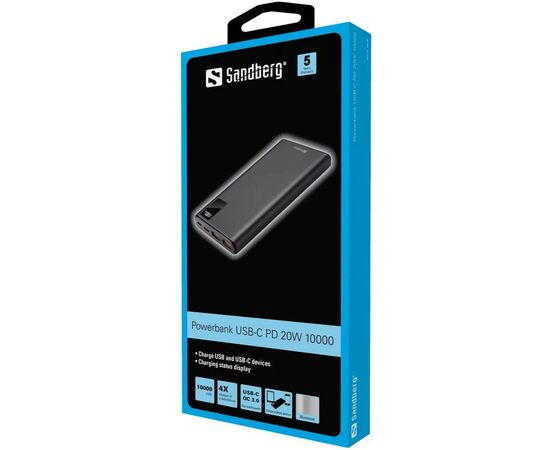 Батарея универсальная Sandberg 10000mAh, PD/20W, QC3.0, USB Type-C, USB-A*2 (420-58), изображение 2 Батарея универсальная Sandberg 10000mAh, PD/20W, QC3.0, USB Type-C, USB-A*2 (420-58), изображение 2