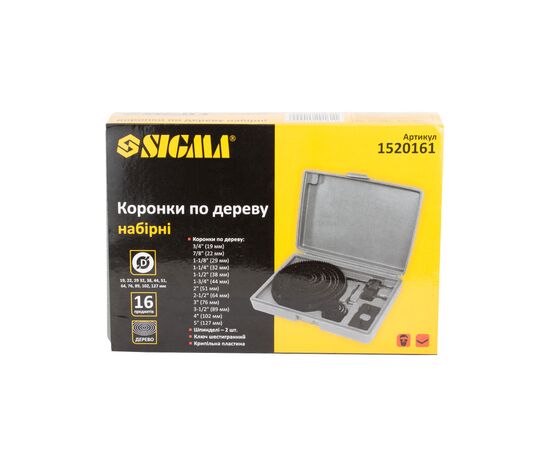 Коронка Sigma по дереву набірна Ø19, 22, 29, 32, 38, 44, 51, 64, 76, 89, 102, 127 мм (1520161), зображення 7 Коронка Sigma по дереву набірна Ø19, 22, 29, 32, 38, 44, 51, 64, 76, 89, 102, 127 мм (1520161), зображення 7