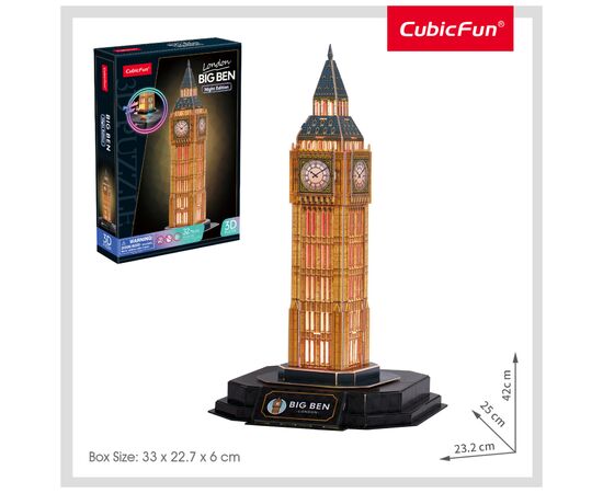 Пазл Cubic Fun Трехмерный пазл Night edition Биг Бен с LED-подсветкой (L537h), изображение 2 Пазл Cubic Fun Трехмерный пазл Night edition Биг Бен с LED-подсветкой (L537h), изображение 2