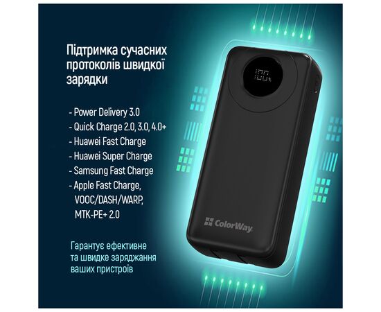 Батарея универсальная ColorWay 20 000 mAh EnergyPlus PD/18W, QC3.0/22.5W, Black (CW-PB200LPB4BK-PDD), изображение 11 Батарея универсальная ColorWay 20 000 mAh EnergyPlus PD/18W, QC3.0/22.5W, Black (CW-PB200LPB4BK-PDD), изображение 11