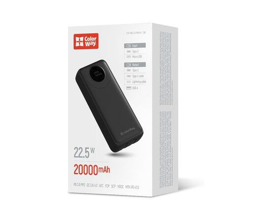Батарея универсальная ColorWay 20 000 mAh EnergyPlus PD/18W, QC3.0/22.5W, Black (CW-PB200LPB4BK-PDD), изображение 6 Батарея универсальная ColorWay 20 000 mAh EnergyPlus PD/18W, QC3.0/22.5W, Black (CW-PB200LPB4BK-PDD), изображение 6