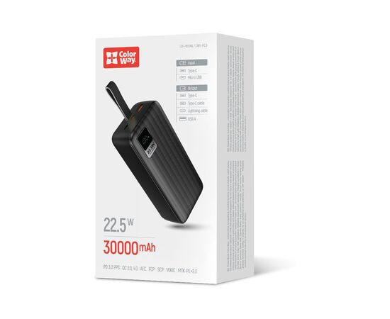 Батарея универсальная ColorWay 30 000 mAh PD/18W, QC3.0/22.5, Digital Display, Black (CW-PB300LPC5BK-PDD), изображение 6 Батарея универсальная ColorWay 30 000 mAh PD/18W, QC3.0/22.5, Digital Display, Black (CW-PB300LPC5BK-PDD), изображение 6