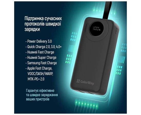 Батарея универсальная ColorWay 30 000 mAh EnergyPlus PD/18W, QC3.0/22.5W, Black (CW-PB300LPB4BK-PDD), изображение 11 Батарея универсальная ColorWay 30 000 mAh EnergyPlus PD/18W, QC3.0/22.5W, Black (CW-PB300LPB4BK-PDD), изображение 11
