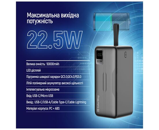 Батарея универсальная ColorWay 50 000 mAh PD/18W, QC3.0/22.5, Digital Display, Black (CW-PB500LPC5BK-PDD), изображение 9 Батарея универсальная ColorWay 50 000 mAh PD/18W, QC3.0/22.5, Digital Display, Black (CW-PB500LPC5BK-PDD), изображение 9