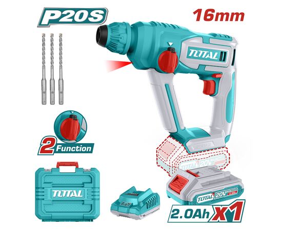 Перфоратор Total TRHLI201681 акумуляторний SDS-Plus, 20В, 2Ah, 850 об/хв, кейс (TRHLI201681), изображение 3 Перфоратор Total TRHLI201681 акумуляторний SDS-Plus, 20В, 2Ah, 850 об/хв, кейс (TRHLI201681), изображение 3