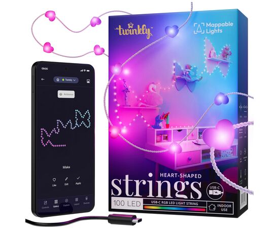 Гирлянда Twinkly Smart LED, Strings USB 100 Heart-shaped RGB LEDs, Clear Wire, USB-C (TWKH100RGB-T)