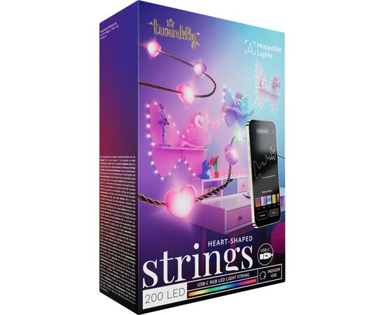Гирлянда Twinkly Smart LED, Strings USB 200 Heart-shaped RGB LEDs, Green Wire, USB-C 12м (TWKH200RGB-G), изображение 2 Гирлянда Twinkly Smart LED, Strings USB 200 Heart-shaped RGB LEDs, Green Wire, USB-C 12м (TWKH200RGB-G), изображение 2