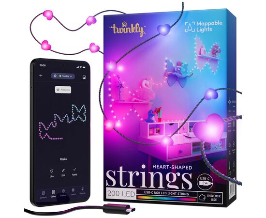 Гірлянда Twinkly Smart LED, Strings USB 200 Heart-shaped RGB LEDs, Green Wire, USB-C 12м (TWKH200RGB-G)