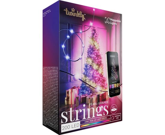 Гирлянда Twinkly Smart LED Strings USB 200 Pearl-shaped RGB LEDs, Green Wire, USB-C 12м (TWKP200RGB-G), изображение 2 Гирлянда Twinkly Smart LED Strings USB 200 Pearl-shaped RGB LEDs, Green Wire, USB-C 12м (TWKP200RGB-G), изображение 2