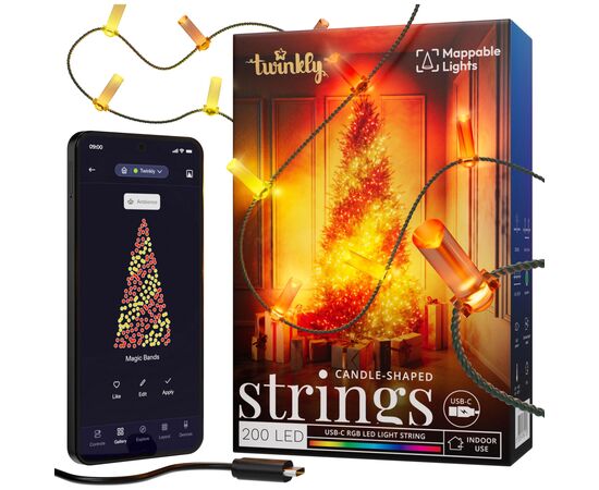 Гірлянда Twinkly Smart LED Strings USB 200 Candle-shaped RGB LEDs, Green Wire, USB-C 12м (TWKC200RGB-G)