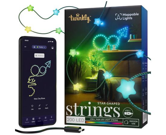 Гірлянда Twinkly Smart LED Strings USB 200 Star-shaped RGB LEDs, Green Wire, USB-C 12м (TWKS200RGB-G)
