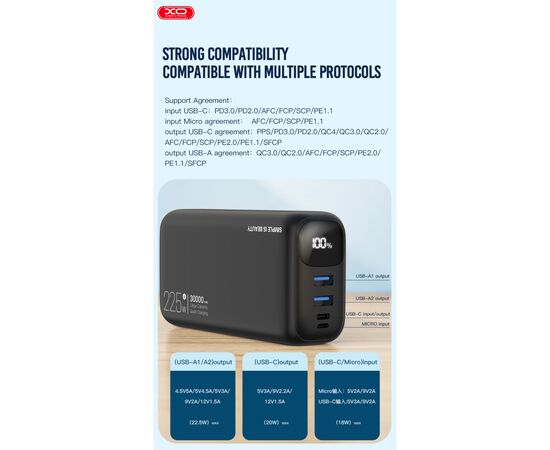 Батарея универсальная XO 30000mAh, PD/20W, QC/22.5W, black (PR200_Black), изображение 3 Батарея универсальная XO 30000mAh, PD/20W, QC/22.5W, black (PR200_Black), изображение 3