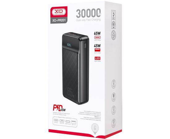 Батарея универсальная XO 30000mAh, PD/65W for laptop, QC/22.5W, black (PR201_Black), изображение 2 Батарея универсальная XO 30000mAh, PD/65W for laptop, QC/22.5W, black (PR201_Black), изображение 2