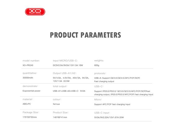 Батарея универсальная XO 30000mAh, PD/20W, QC/22.5W, with light, black (PR240_Black), изображение 3 Батарея универсальная XO 30000mAh, PD/20W, QC/22.5W, with light, black (PR240_Black), изображение 3