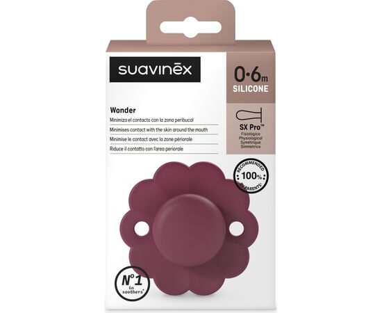 Пустышка Suavinex Wonder физиологическая, 0-6 мес. бордовая (308376), изображение 3 Пустышка Suavinex Wonder физиологическая, 0-6 мес. бордовая (308376), изображение 3