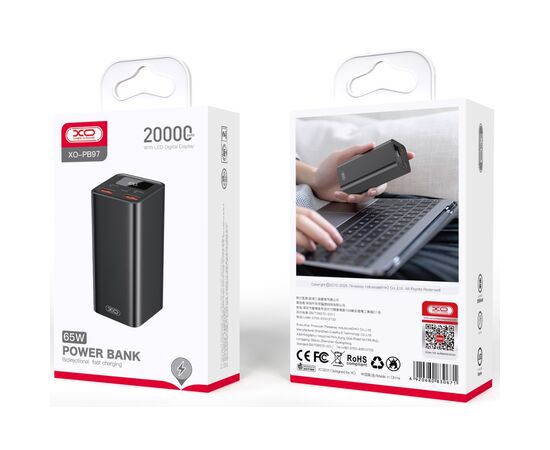 Батарея универсальная XO 20000mAh, PD/65W for laptop, QC/22.5W, black (PB97_Black), изображение 3 Батарея универсальная XO 20000mAh, PD/65W for laptop, QC/22.5W, black (PB97_Black), изображение 3