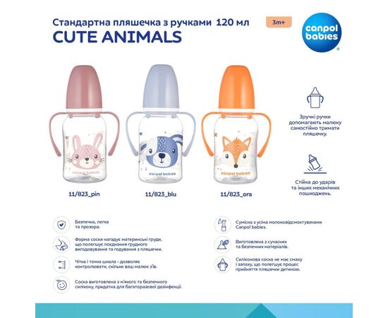 Бутылочка для кормления Canpol babies CUTE ANIMALS стандартная с ручками 120 мл синяя (11/823_blu), изображение 4 Бутылочка для кормления Canpol babies CUTE ANIMALS стандартная с ручками 120 мл синяя (11/823_blu), изображение 4