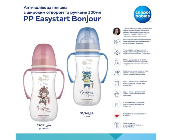 Бутылочка для кормления Canpol babies PP Easystart Bonjour Paris антиколиковая с широким отверстием и ручками 300 м розовая (35/241_pin), изображение 3 Бутылочка для кормления Canpol babies PP Easystart Bonjour Paris антиколиковая с широким отверстием и ручками 300 м розовая (35/241_pin), изображение 3