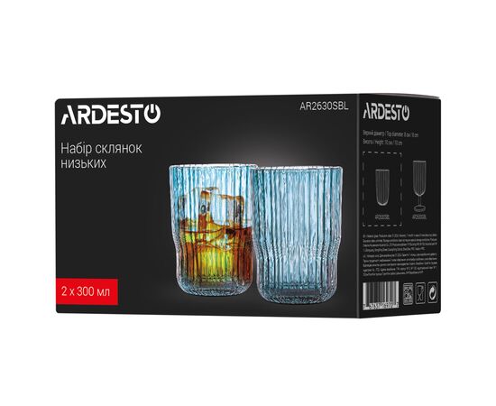 Набор стаканов Ardesto 300мл, 2шт, скло, блакитний (AR2630SBL), изображение 6 Набор стаканов Ardesto 300мл, 2шт, скло, блакитний (AR2630SBL), изображение 6
