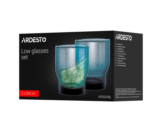 Набор стаканов Ardesto Bubble 300мл, 2шт, скло, синій (AR2630BL), изображение 4 Набор стаканов Ardesto Bubble 300мл, 2шт, скло, синій (AR2630BL), изображение 4