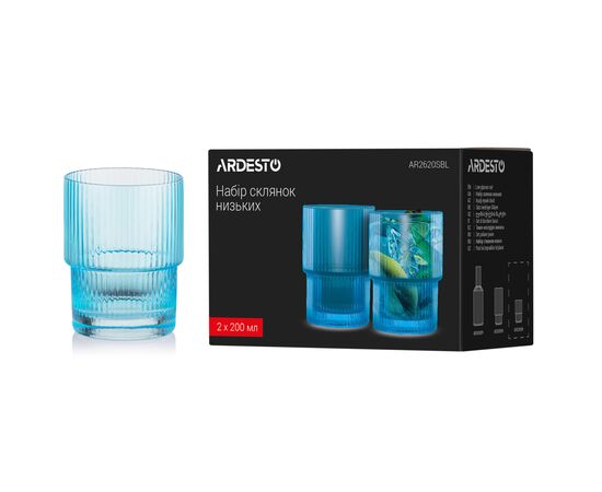 Набор стаканов Ardesto 200мл, 2шт, скло, блакитний (AR2620SBL), изображение 6 Набор стаканов Ardesto 200мл, 2шт, скло, блакитний (AR2620SBL), изображение 6