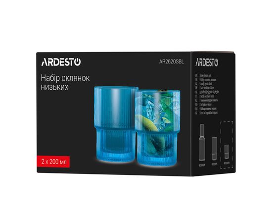 Набор стаканов Ardesto 200мл, 2шт, скло, блакитний (AR2620SBL), изображение 7 Набор стаканов Ardesto 200мл, 2шт, скло, блакитний (AR2620SBL), изображение 7