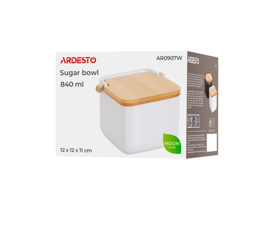 Сахарница Ardesto Midori 12х12х11см, 840мл, кераміка, бамбук, біла (AR0907W), изображение 7