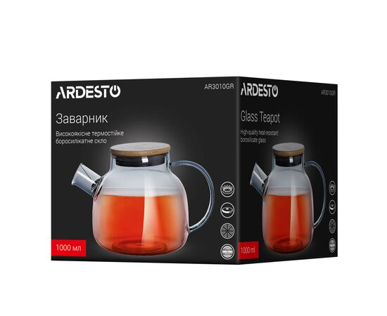 Заварник Ardesto Graphite, 1000мл, боросилікатне скло, бамбук, cірий (AR3010GR), изображение 5 Заварник Ardesto Graphite, 1000мл, боросилікатне скло, бамбук, cірий (AR3010GR), изображение 5