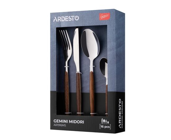 Набор столовых приборов Ardesto Gemini Midori, 16 приборів, нержавіюча сталь, пластик, коричневий (AR1916MS), изображение 6 Набор столовых приборов Ardesto Gemini Midori, 16 приборів, нержавіюча сталь, пластик, коричневий (AR1916MS), изображение 6