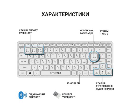 Клавиатура OfficePro SK790W Wireless/Bluetooth White (SK790W), изображение 7 Клавиатура OfficePro SK790W Wireless/Bluetooth White (SK790W), изображение 7