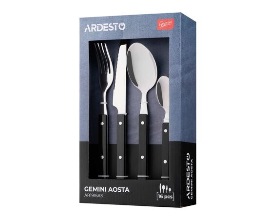 Набор столовых приборов Ardesto Gemini Aosta, 16 приборів, нержавіюча сталь, пластик, чорний (AR1916AS), изображение 6 Набор столовых приборов Ardesto Gemini Aosta, 16 приборів, нержавіюча сталь, пластик, чорний (AR1916AS), изображение 6
