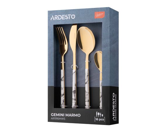 Набор столовых приборов Ardesto Gemini Marmo, 16 приборів, нержавіюча сталь, пластик, золотисто-білий (AR1916MWS), изображение 6