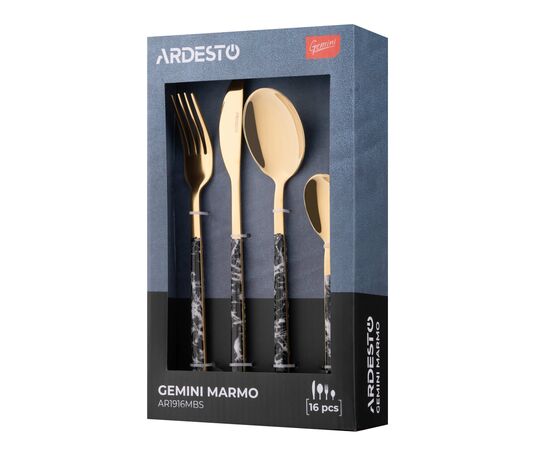 Набор столовых приборов Ardesto Gemini Marmo, 16 приборів, нержавіюча сталь, пластик, золотисто-чорний (AR1916MBS), изображение 6
