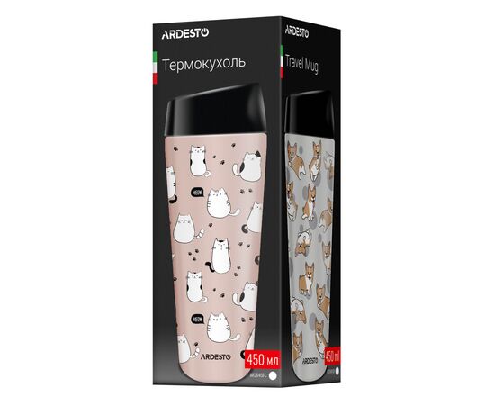 Термокружка Ardesto Coffee Time Cats 450мл, нержавіюча сталь, коричневий (AR2645FC), зображення 5