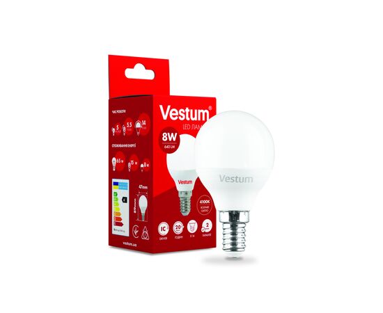 Лампочка Vestum G45 8W 4100K 220V E14 (1-VS-1211), изображение 2 Лампочка Vestum G45 8W 4100K 220V E14 (1-VS-1211), изображение 2