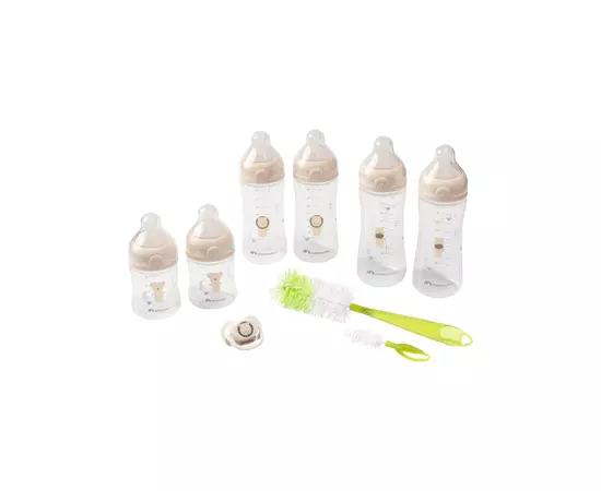 Набір для годування новонароджених Bebe Confort Physio Air Soft Sand 150 мл 270 мл х 2 шт 360 мл х 2 шт 2 шт з пустушкою та щіточкою (3101202500)