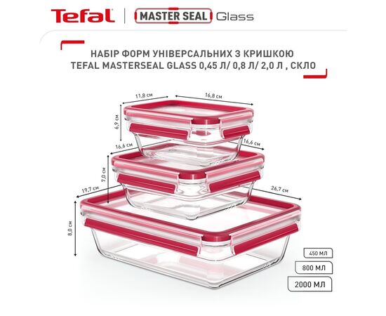 Харчовий контейнер Tefal Master Seal, Набір 3шт, жаростійке скло, прозорий (N1050910), зображення 3 Харчовий контейнер Tefal Master Seal, Набір 3шт, жаростійке скло, прозорий (N1050910), зображення 3