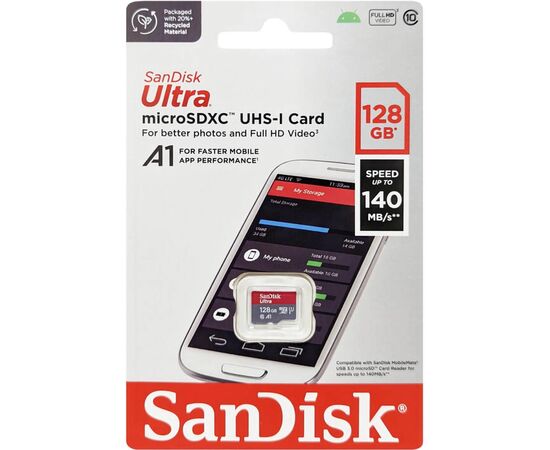 Карта памяти SanDisk 128GB microSD class 10 UHS-I A1 Ultra (SDSQUAB-128G-GN6MN), изображение 2 Карта памяти SanDisk 128GB microSD class 10 UHS-I A1 Ultra (SDSQUAB-128G-GN6MN), изображение 2