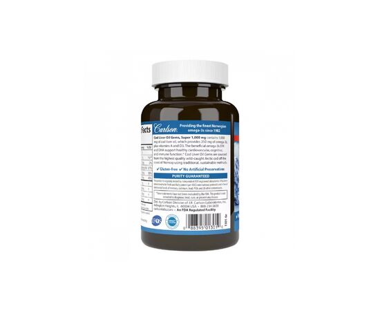 Жирные кислоты Carlson Жир из печени Норвежской Трески, 1000 мг, Cod Liver Oil, 10 (CAR-01301), изображение 3 Жирные кислоты Carlson Жир из печени Норвежской Трески, 1000 мг, Cod Liver Oil, 10 (CAR-01301), изображение 3