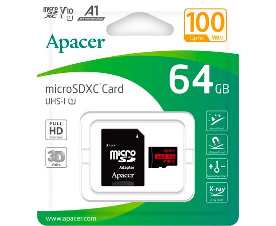 Карта памяти Apacer 64GB microSD class 10 UHS-I V10 A1 (AP64GMCSX10UB-R), изображение 2 Карта памяти Apacer 64GB microSD class 10 UHS-I V10 A1 (AP64GMCSX10UB-R), изображение 2