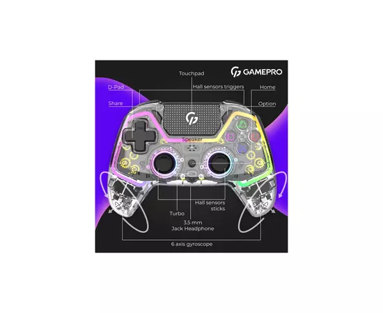 Геймпад GamePro GPS13T BT 5.3/USB/PC/iOS/Android/PS3/PS4 RGB Transparent (GPS13T), зображення 11 Геймпад GamePro GPS13T BT 5.3/USB/PC/iOS/Android/PS3/PS4 RGB Transparent (GPS13T), зображення 11