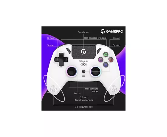 Геймпад GamePro GPS13W BT 5.3/USB/PC/iOS/Android/PS3/PS4 RGB White (GPS13W), зображення 11 Геймпад GamePro GPS13W BT 5.3/USB/PC/iOS/Android/PS3/PS4 RGB White (GPS13W), зображення 11