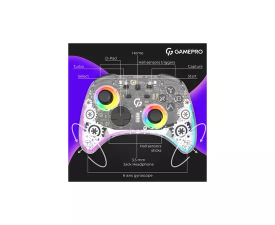 Геймпад GamePro GPX13T 2.4G/BT 5.1/USB/PC/iOS/Android RGB Transparent (GPX13T), зображення 12 Геймпад GamePro GPX13T 2.4G/BT 5.1/USB/PC/iOS/Android RGB Transparent (GPX13T), зображення 12
