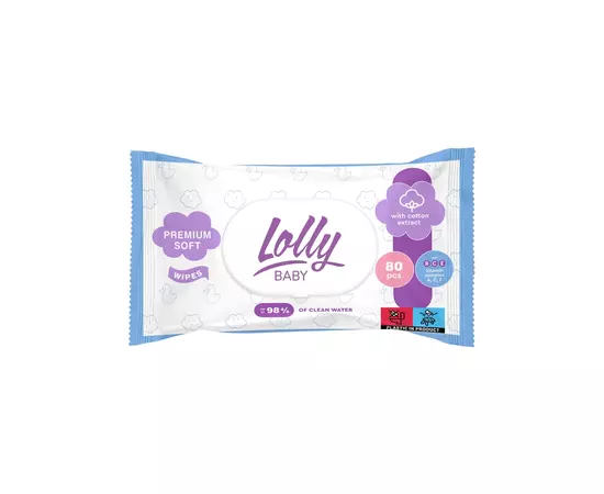 Дитячі вологі серветки Lolly з перших днів життя з клапаном 80 шт (4820174981136)