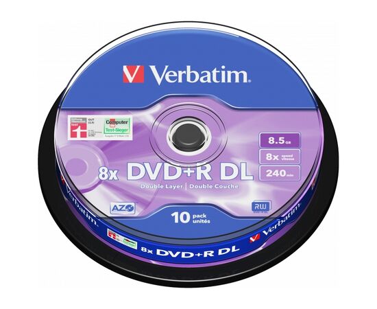 Диск DVD Verbatim 8.5Gb 8x CakeBox 10 шт Matte Silver (43666)